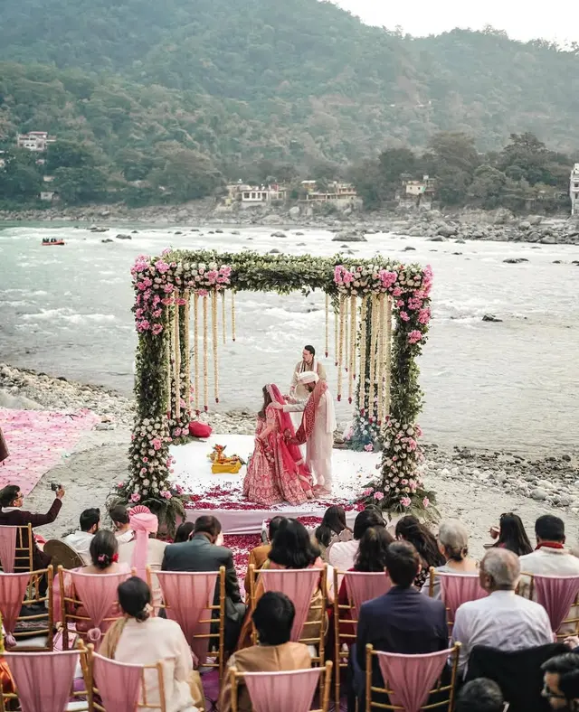 Grand floral mandap at a destination wedding
