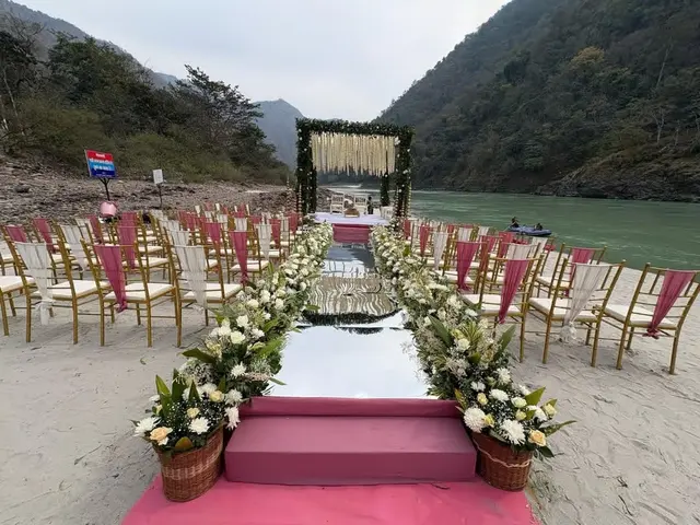 Evening destination wedding setup with fairy lights