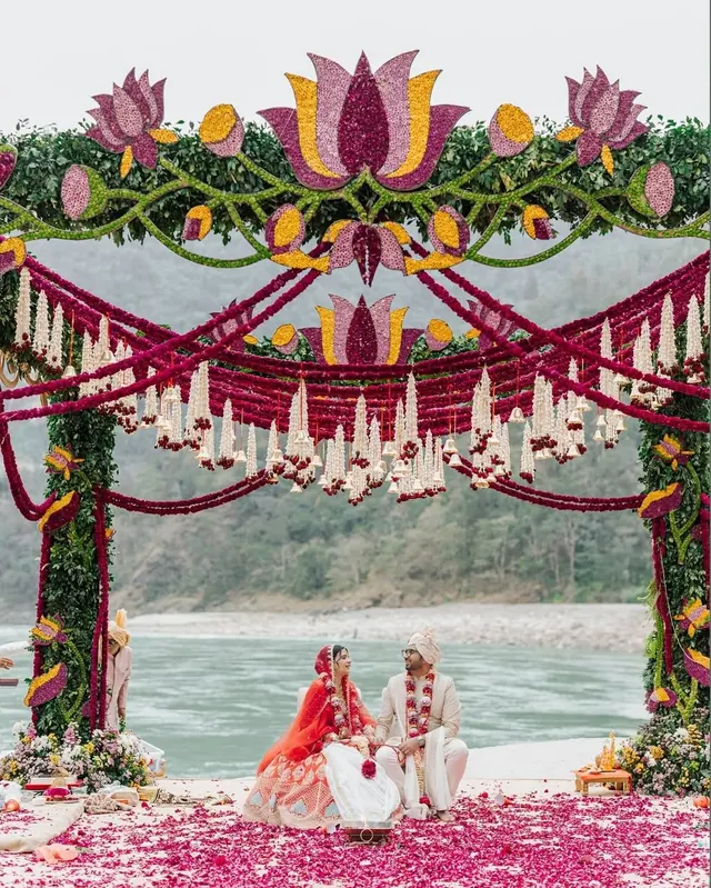 Bride and groom seated at a destination wedding