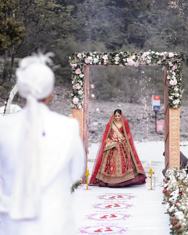 Groom and bride at a riverside destination wedding