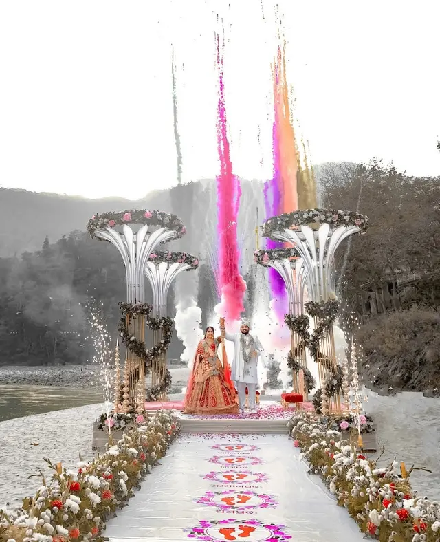 Riverside destination wedding mandap near Rishikesh