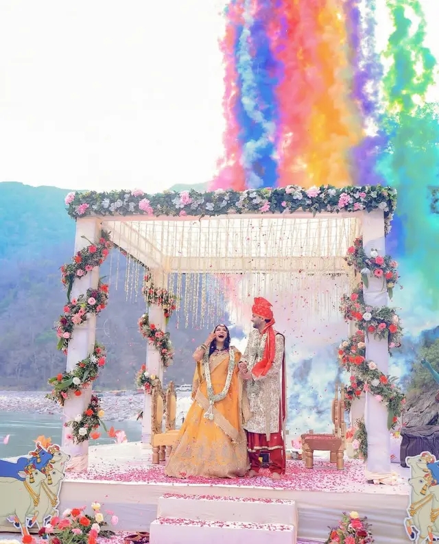 Colourful destination wedding ceremony in the hills