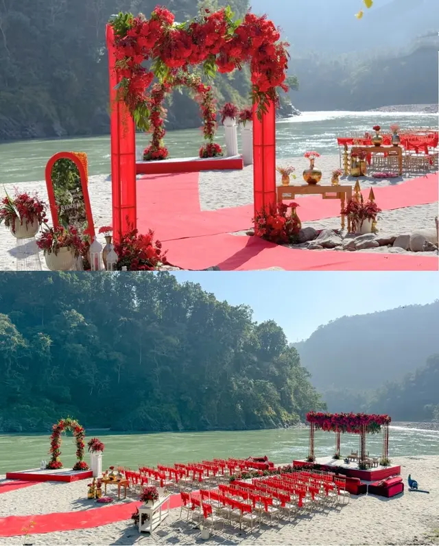 Riverside wedding mandap with mountain backdrop